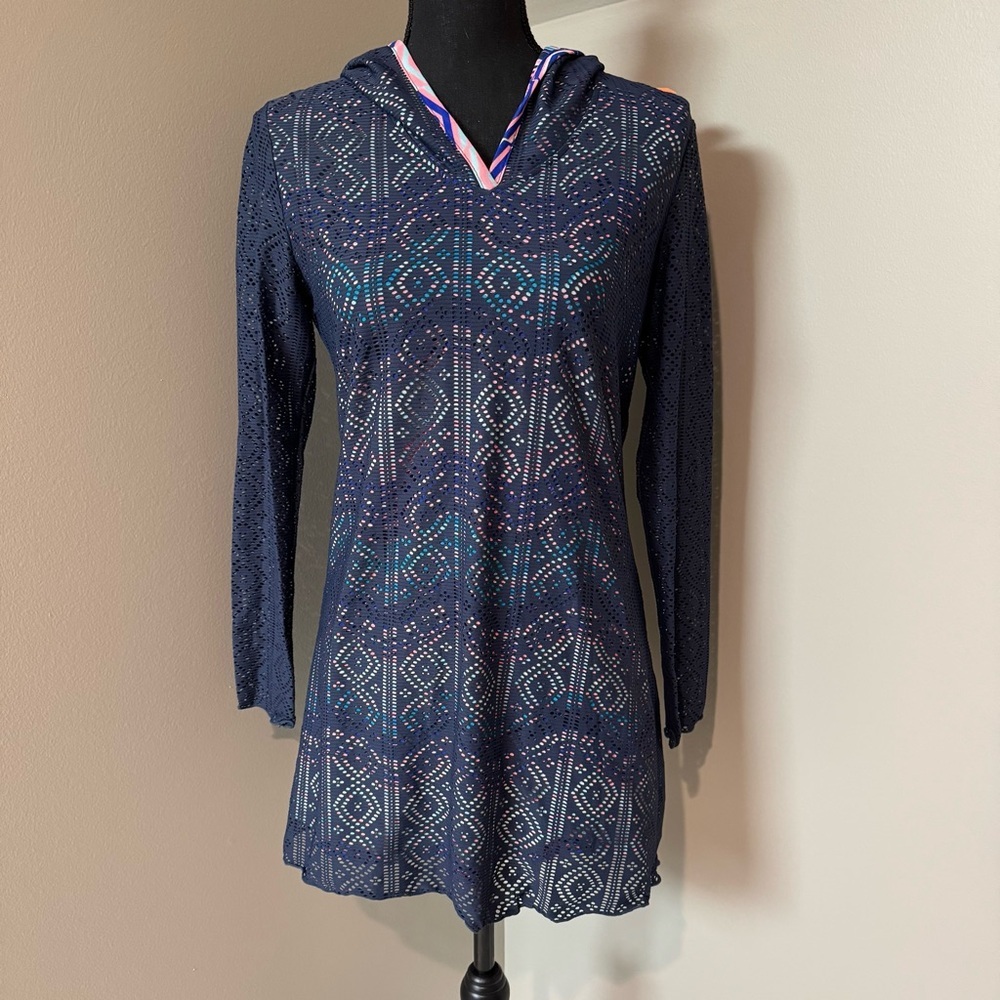 Title Nine Laser Cut Hooded Swim Beach Coverup‎ Pink Blue Navy Size Small E24